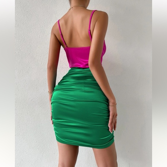 Two Tone Draped Ruched Side Satin Cami Dress - Picture 6 of 9